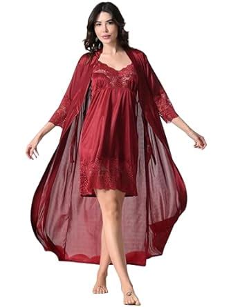 Buy Romaisa Women's Satin Solid Above Knee Length Nighty with Robe ...