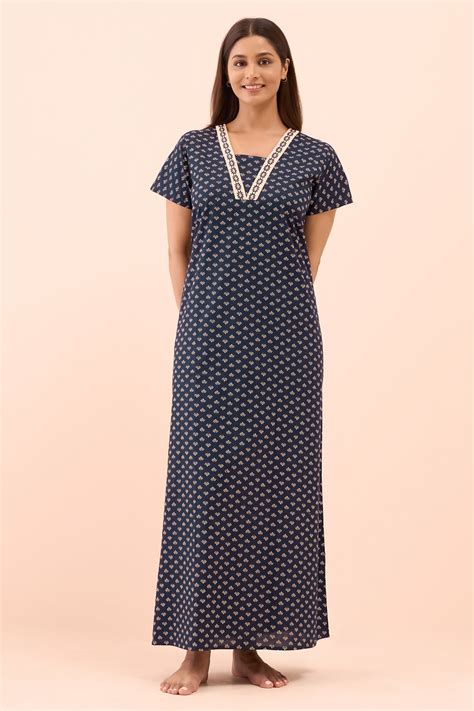 Buy Geometric Floral Printed Nighty - Navy Blue Online | Maybell ...