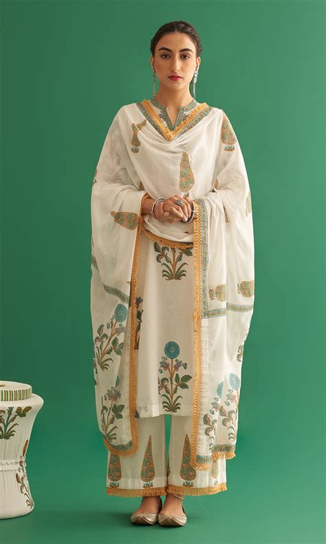 Nadira Mughals Turquoise Boota Hand Block Printed Straight Suit Set Of ...