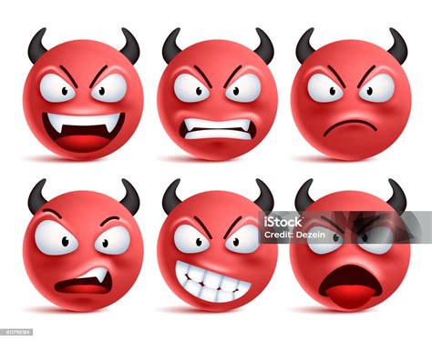 Demon Smileys Vector Set Wajah Tersenyum Iblis Atau Emotikon Merah ...