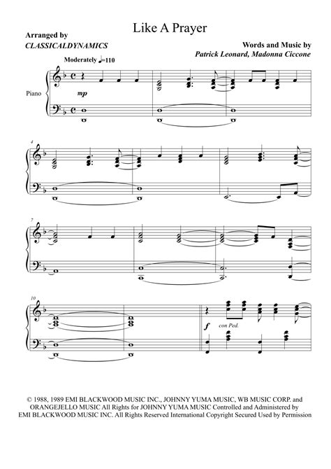 Like A Prayer (arr. ClassicalDynamics) by Madonna Sheet Music for Piano ...