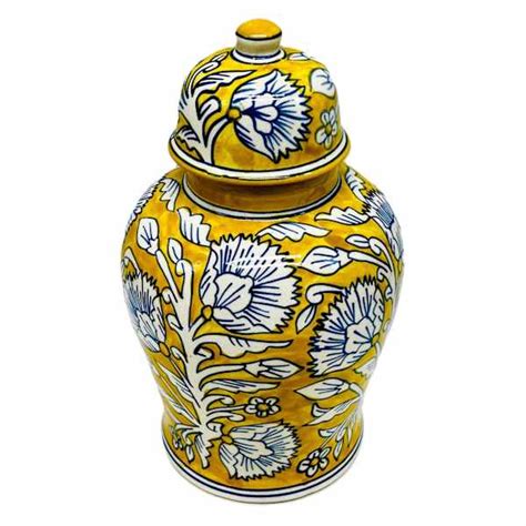 Yellow & Blue Handpainted Floral Ceramic Ginger Jar, 10.5''