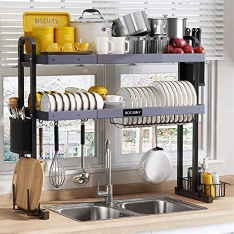 BOOSINY Over The Sink Dish Drying Rack, 2 Tier Stainless Steel Large ...