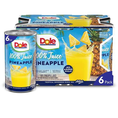 Dole 100% All Natural Pineapple Juice Cans, 6 fl oz - Rich in Vitamin C ...