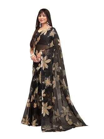 Buy Garden Vareli Women's Floral Print Nara Chiffon Saree 59599 - Black ...