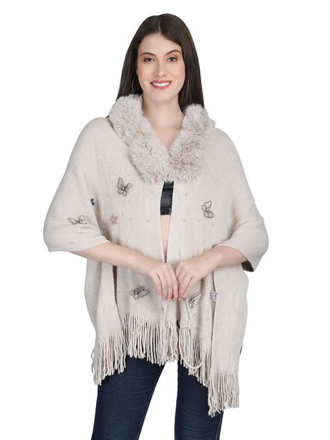 Beige Butterfly Fur Collar Poncho - 146 – Stole & Yarrn