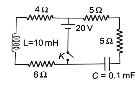 In the circuit shown the key `(K)` is closed at `t=0`, the current ...