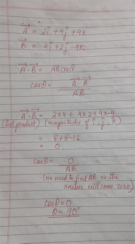A= 2i+4j+4k and B=4i+2j-4k are two vectors. The angle between them will ...