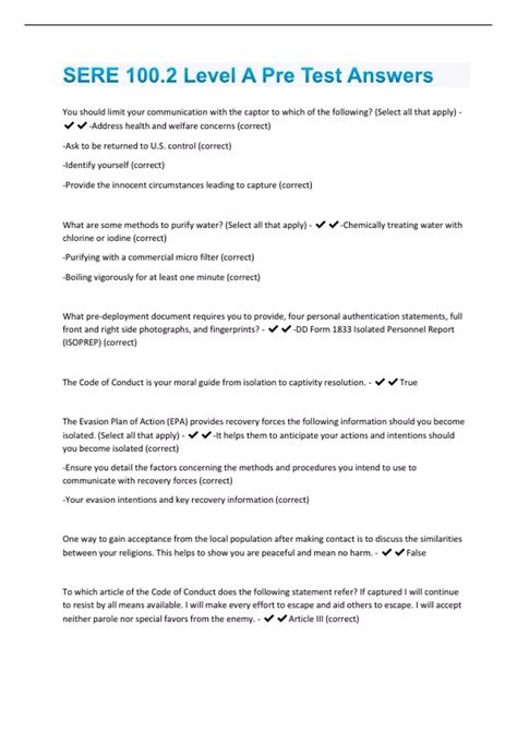 SERE 100.2 Level A Pre Test Answers | 44 Questions and Answers(A+ ...