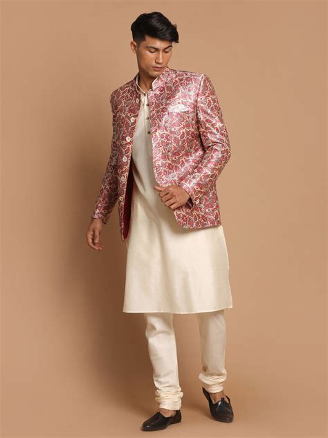 VASTRAMAY Men's Pink Silk Blend Lavanya Print Jodhpuri With Cream Visc ...