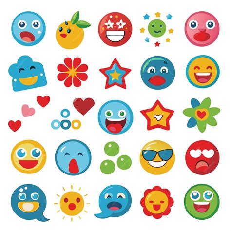 Cute Emojis with Happy Faces Stars Flowers and Hearts Emoji Vector ...
