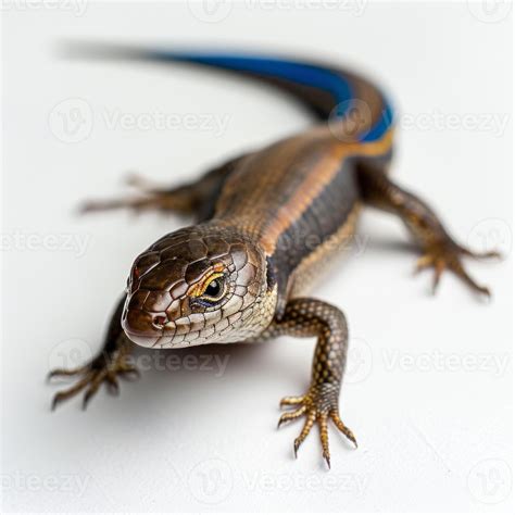 Five lined Skink showcases its striking blue tail while crawling on a ...