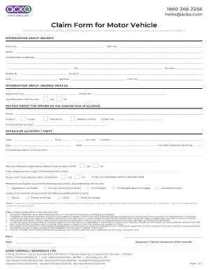 2018-2026 India Acko Claim Form for Motor Vehicle - Blank Fillable ...