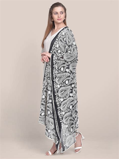 Embroidered Black & White Chiffon Dupatta Dupatta Bazaar