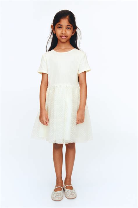 Flock-print tulle-skirt dress - Cream/Spotted - Kids | H&M IN