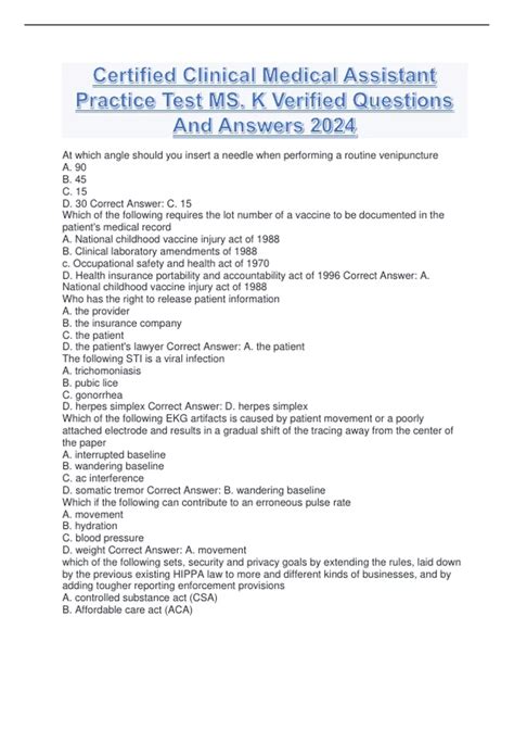 Certified Clinical Medical Assistant Practice Test MS. K Verified ...