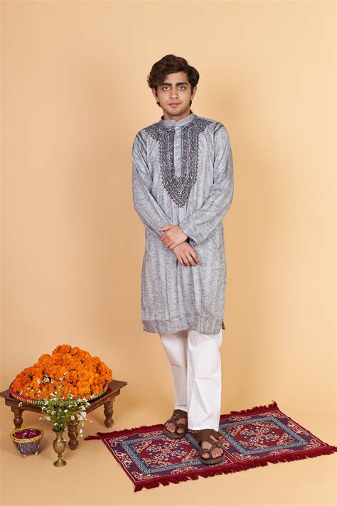 Soft Linen Stripe Gents Kurta- Ash Grey – Paridhan Chikan Exclusive