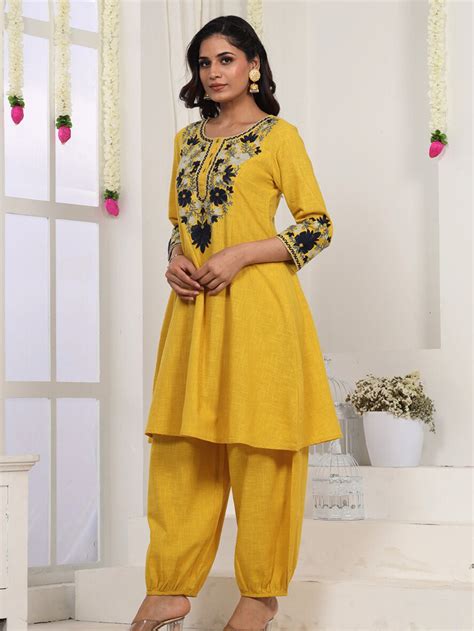 Golden Mustard Kashida Embroidered A-Line Cotton Kurta Set with Salwar ...