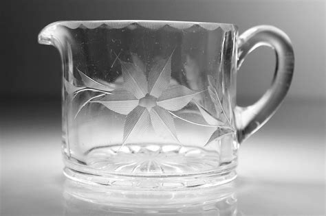 Antique Glass Creamer, Wheel Cut Floral, Heavy Glass, Pitcher, Jug