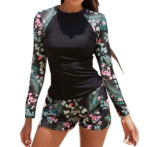 NOLDARES Women Two Piece Rash Guard Long Sleeve Swimsuit Swim Shirt ...