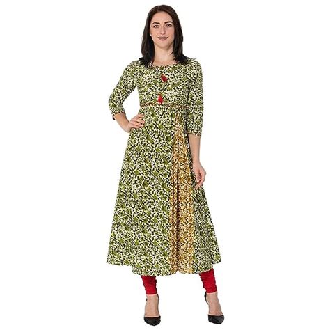 Gulmohar Jaipur Women's Cotton A-line Kurti (Green) : Amazon.in: Fashion