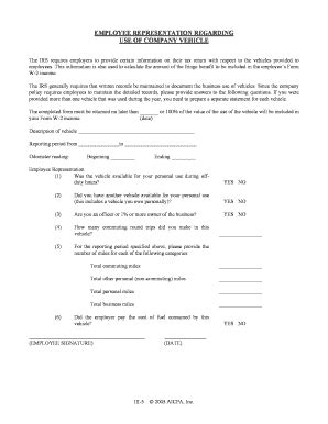 Employee Vehicle Use Representation Form - Blank Fillable Template ...