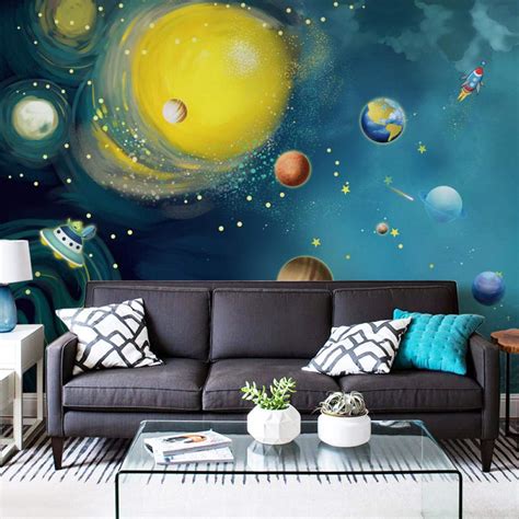 3d Mural Wallpaper Cartoon Boy Girl Planet Space Children Room ...
