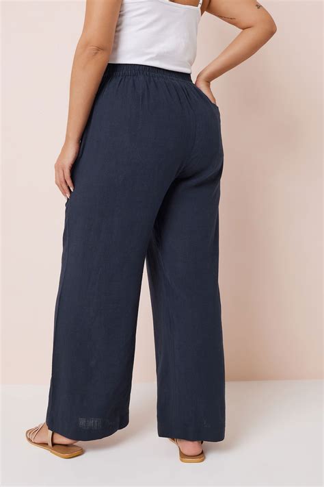 YOURS Plus Size Navy Blue Linen Wide Leg Trousers | Yours Clothing