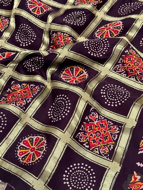 Wine Ajrakh Gharchola Hand Block Pure Modal Silk Saree With Fancy Ajra ...