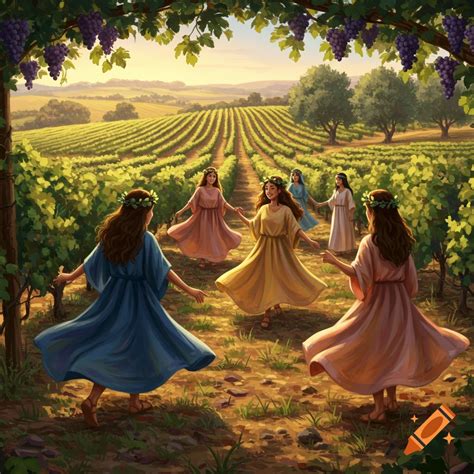 Several women in long, flowing dresses dance in a circle in a sunlit vineyard, framed by an arch ...
