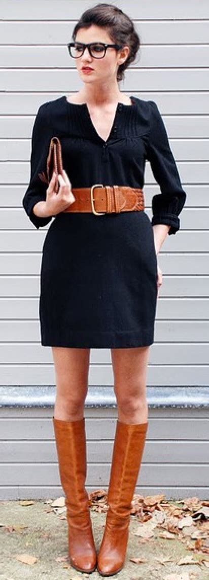 outfit post: black dress, wide brown belt, riding boots