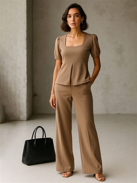 Buy Women Beige Front Slit Top With Straight Pants Online at Best Price ...