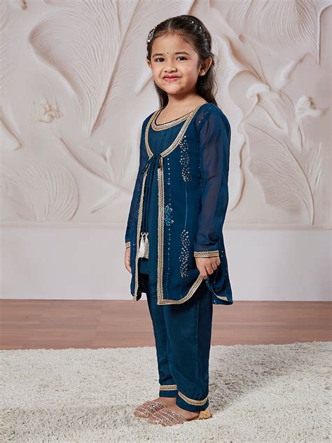 VASTRAMAY Girls' Turquoise Jacket Kurta Set – vastramay