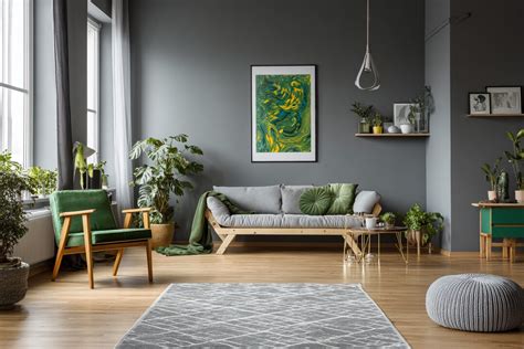 Modern Grey Wall Paint Design with Green Accents and Abstract Art