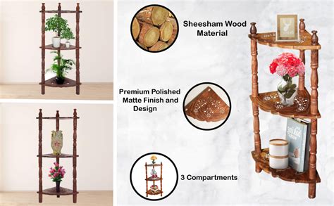 Naayaab Craft Wooden 3-Tier Mini Corner Rack, Side Table (Brown, Size ...
