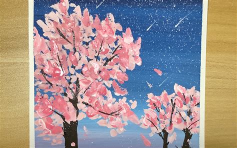 【教程】星空樱花树水粉画- 小孩子都能学会的超简单水粉～_哔哩哔哩
