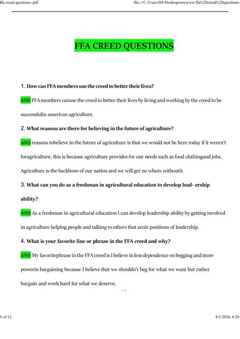 FFA Creed 2024 Questions and Answers 2024 / 2025 (Verified Answers by ...