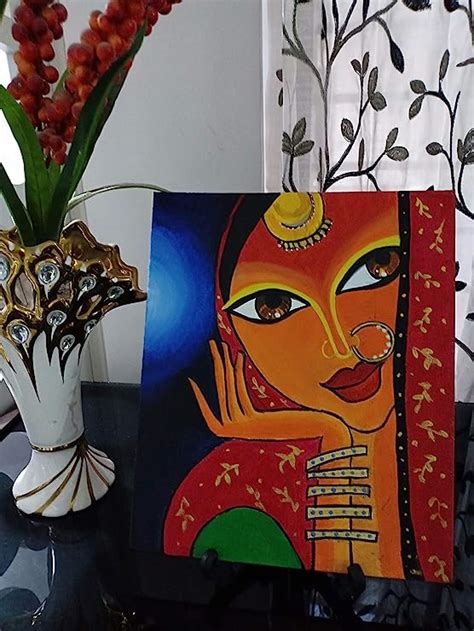 Acrylic Painting Indian Art Woman on Canvas 8"x 12" with Wooden Tripod ...