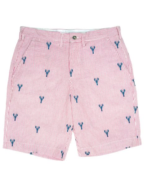 Red Mens Seersucker Shorts with Navy Embroidered Lobsters – Piping Prints