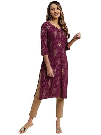 Buy rangita Magenta Rayon Calf Length Printed Straight Kurti for Women ...