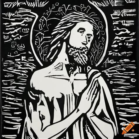 Black and white lino print of jesus icon on Craiyon