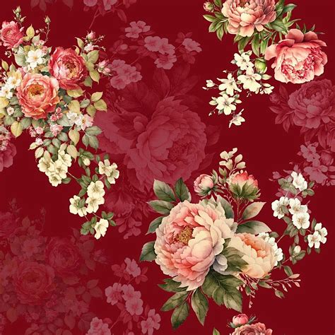 Maroon Red Big Floral Print on Pure Natural Crepe OM SG 19 – omfabs.com