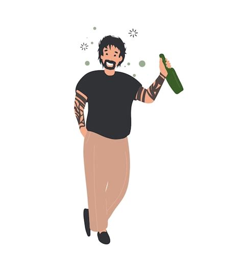 Homem bêbado com garrafa de vinho, ilustração plana de desenho animado ...