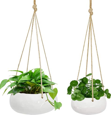 2 Pack Ceramic Hanging Planters, Modern White Hanging Plant Holder ...