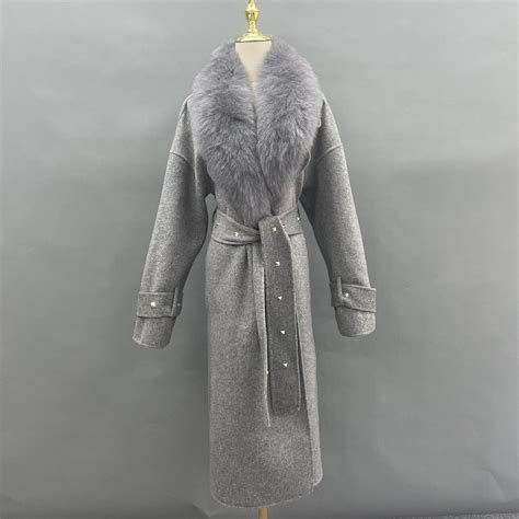 Janefur | Women's Double-faced Wool Coat with Large Fur Lapel and Rivet ...
