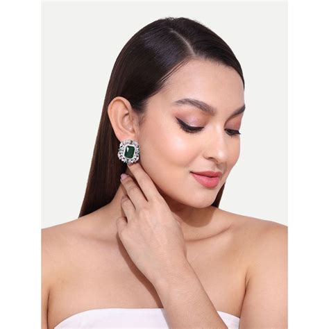 Buy Abdesigns Silver Plated Emerald American Diamond Stud Earrings Online