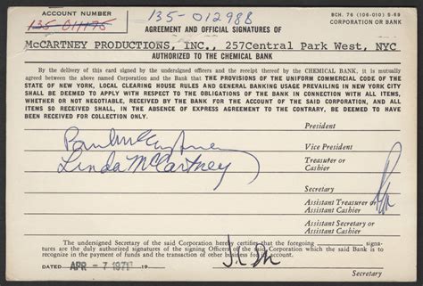 Lot Detail - Paul & Linda McCartney Signed Bank Signature Card