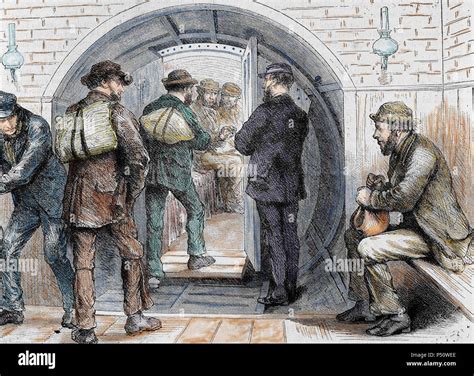 Tunnel in London. Workers going to their jobs. Colored engraving in ...