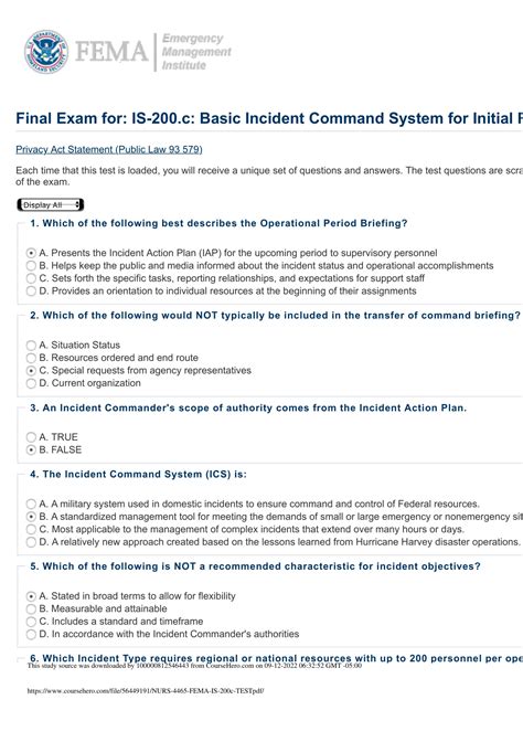 NURS 4465 - FEMA IS-200c TEST|Final Exam for: IS-200.c: Basic Incident Command System for ...
