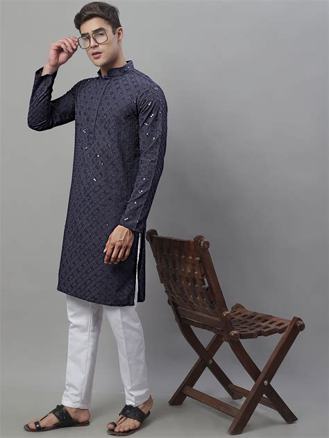 Men's Grey Chikankari Embroidered and Sequence Kurta with Pyjama ...